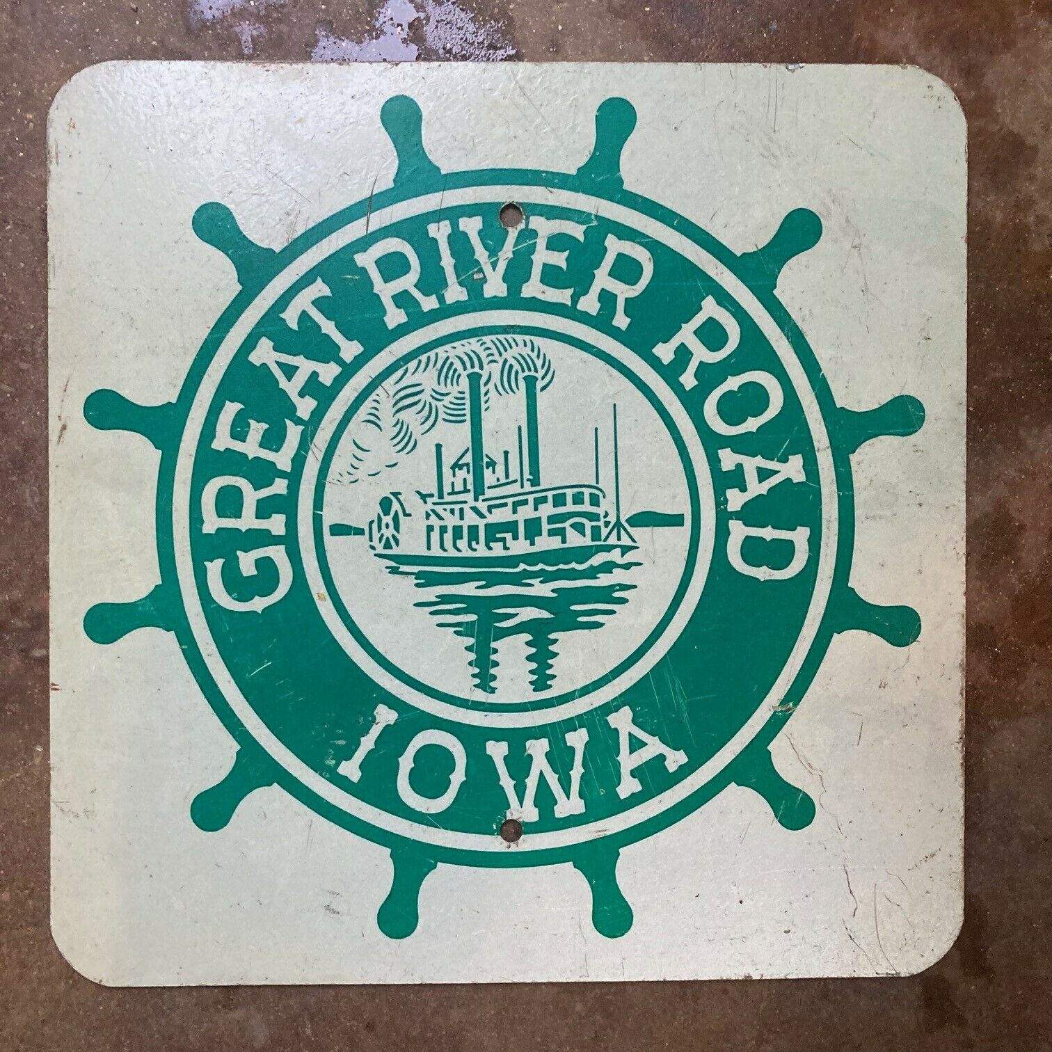 Iowa Great River Road highway sign 1959 Mississippi paddleboat steamer ...
